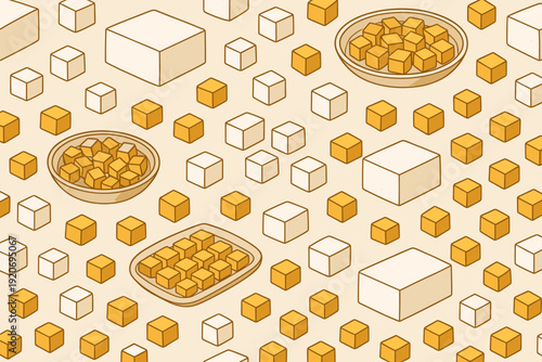 Many cubes of tofu placed in different bowls and surrounded by other cubes on a light background during a food art display