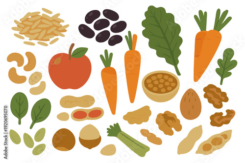 Colorful display of various fruits, vegetables, nuts, and grains on a white background