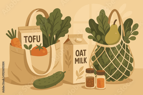 Healthy food items in reusable bags with vegetables and oat milk on a plain background in a kitchen setting