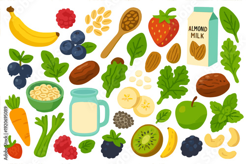 Colorful collection of fruits, nuts, and vegetables arranged on a white surface near almond milk and a bowl