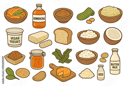 Variety of food items including drinks, dairy, grains, and fermented products on a white background