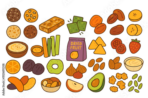 Various types of snacks and dried fruits on a white background laid out for display and tasting in a colorful arrangement