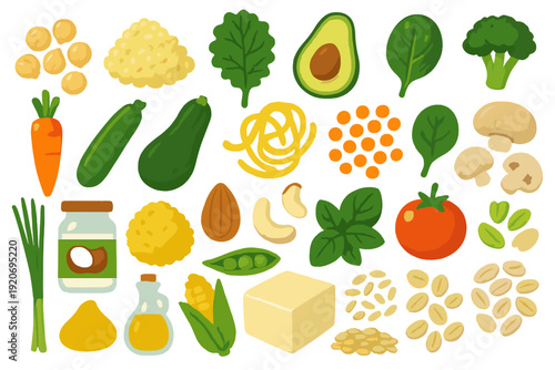 Various vegetables, grains, nuts, and fruits displayed in a flat layout on a white background