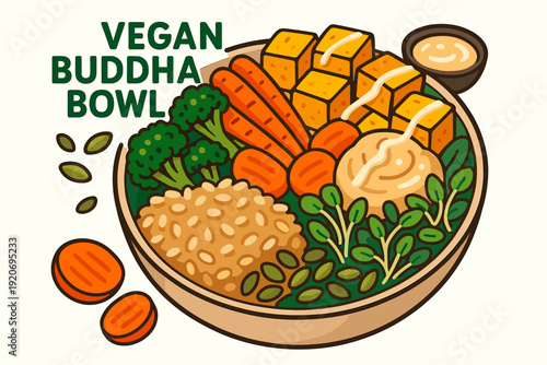 Healthy vegan buddha bowl with vegetables and tofu served on a white plate with sauce and nuts on the side for a nutritious meal