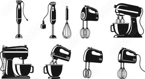 Kitchen mixers silhouette illustration vector with hand blenders electric mixers stand appliances, culinary cooking graphics, product comparison design concept, black and white creative art collection