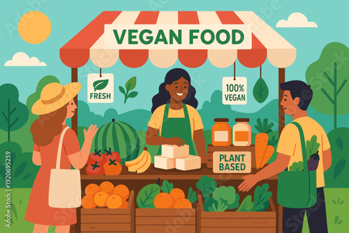 People shop at a vegan food market stand during the daytime with fresh produce and plant-based options available for sale