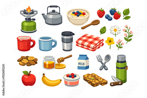 Breakfast setup with camping gear, food items, and nature elements laid out on a table