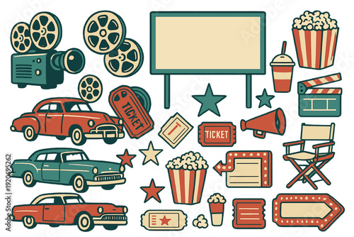 Variety of vintage movie items with film reels, popcorn, cars, and tickets for a fun cinema experience