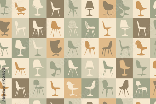 Collection of chair designs in a tiled pattern showing different styles and colors on a light background