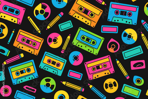 Colorful cassette tapes and CDs on a black background create a vibrant design for music lovers and retro enthusiasts