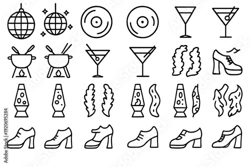 Disco party icons with disco balls, drinks, and shoes for fun night out at club or event