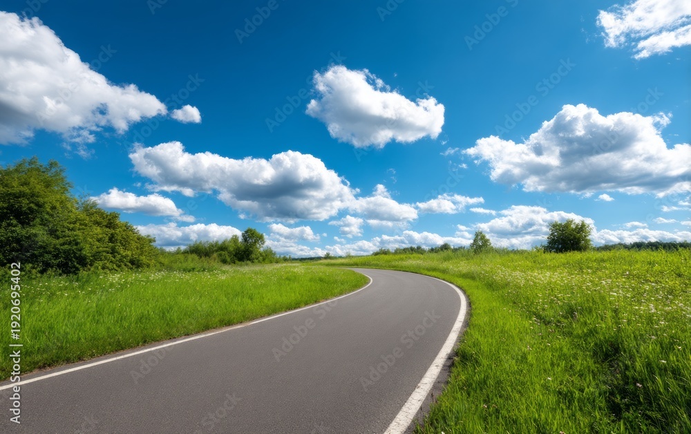 Fototapeta premium Scenic Journey Through Winding Countryside Road Under Blue Sky
