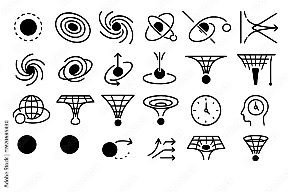 Fototapeta premium Icons and symbols showing space, movement and time in simple designs used for educational and creative purposes
