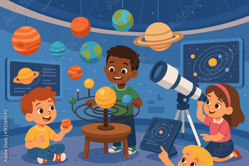 Children learn about planets in a classroom with a model of the solar system and a telescope for viewing stars at a science center