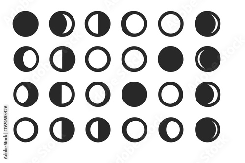 Different phases of circles arranged in rows showing various shapes and forms during a time cycle