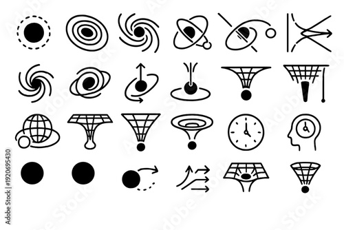 Icons and symbols showing space, movement and time in simple designs used for educational and creative purposes