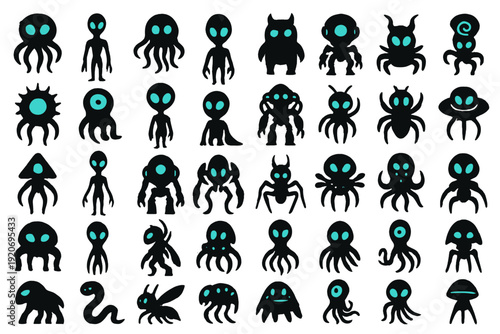 Collection of diverse cartoon characters with unique designs in black and teal colors on a white background