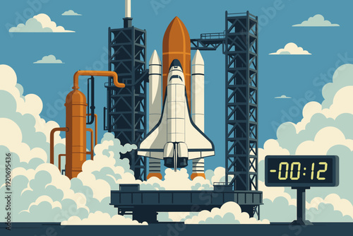 Rocket prepares for launch at a space center with countdown clock showing twelve seconds remaining