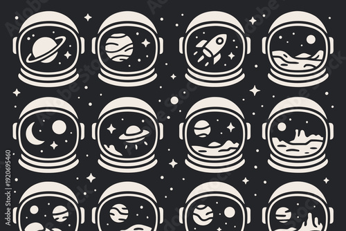 Patterns of space and exploration with astronauts and celestial scenes in a bold design on a dark background