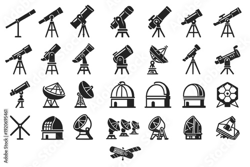 Various types of telescopes and satellite dishes used for observing the sky and space