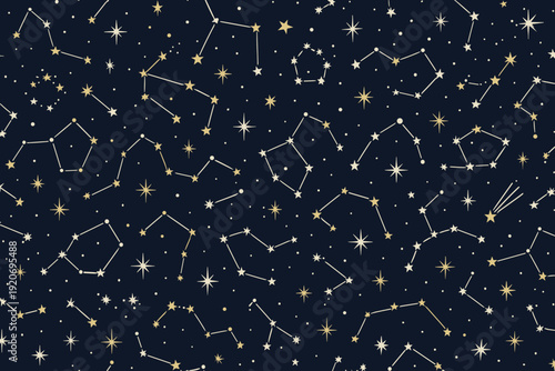 Stars and constellations in a night sky with various shapes and patterns across a dark background