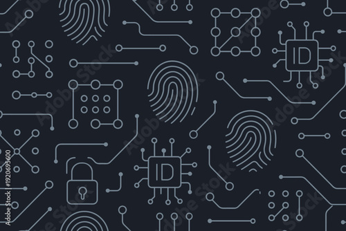 Fingerprint patterns and circuit designs create a tech-themed background for digital security concepts in modern graphics
