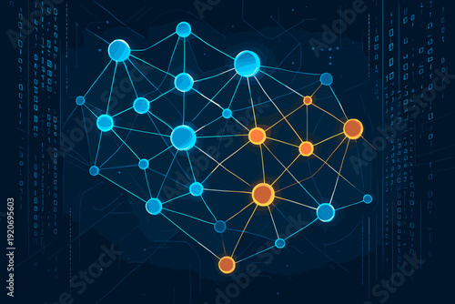 Graph network shows connections and data flow across nodes with different tones on a dark background in a digital setting