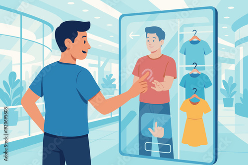 Man using smart mirror to try on clothes in a modern store