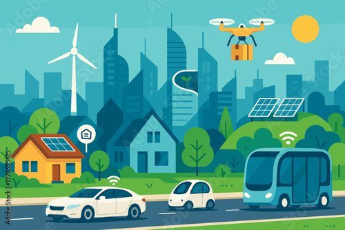 City scene with modern transport and buildings featuring solar panels and wind turbines in daytime