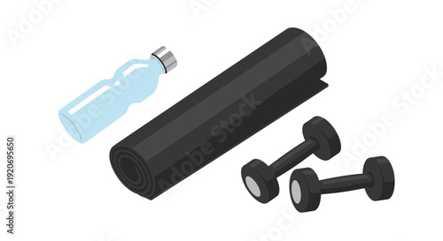 An isometric view shows a rolled yoga mat, a clear water bottle, and two black dumbbells for exercise.