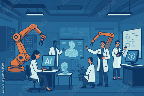 Scientists work in a lab with machines and computers for research on artificial intelligence and robotics in the evening hours