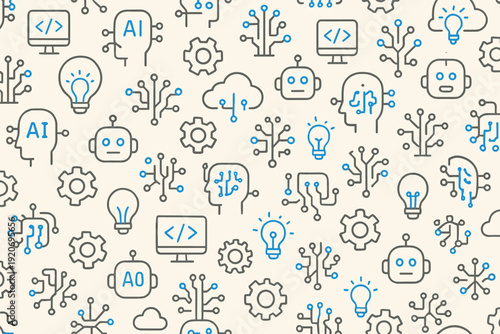 Patterns of technology and innovation with robots, light bulbs, computer screens, and circuit designs on a light background