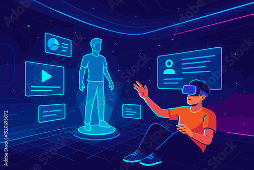 User interacts with virtual reality system in a digital space while seated on the floor