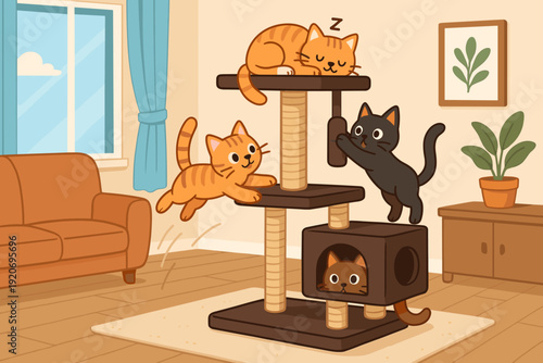 Cats play and relax at a cat tree in a living room during the day with sunlight coming through the window