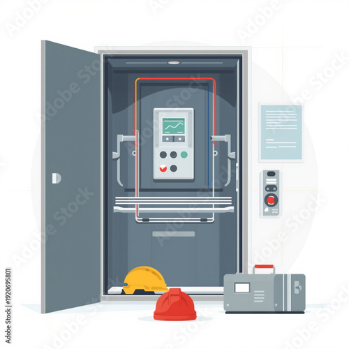 Flat vector illustration of industrial electrical control panel inside open cabinet. Concept of power management, technical maintenance, engineering systems and industrial safety.