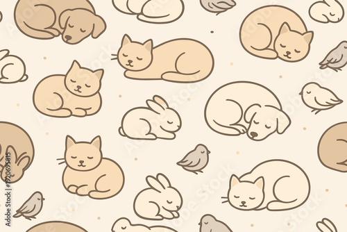 Cute animals resting in a patterned design with cats, bunnies, and birds on a light background