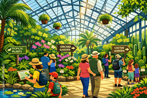 Visitors explore different sections of a plant conservatory filled with tropical plants and blooms during a sunny afternoon