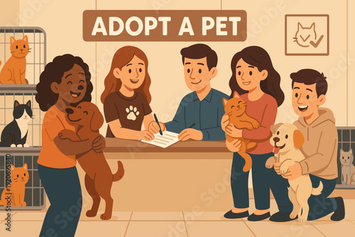 People adopt pets at an animal shelter during a busy adoption event in the afternoon