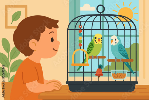 Boy sits at table looking at two colorful birds in a cage during sunny day indoors