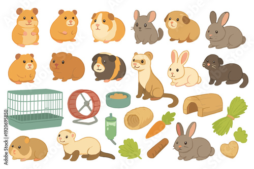 Collection of cute animals and their habitats featuring hamsters, guinea pigs, rabbits, and accessories for pet care in a friendly design