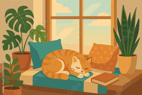 Cozy cat sleeps on a window seat surrounded by plants and cushions in a bright room during the day