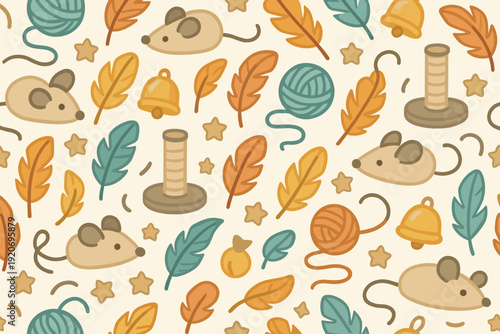 Cute mice and play items in a colorful pattern on a light background during daytime