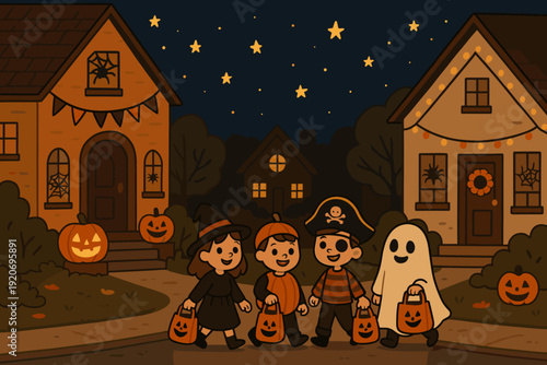 Children in costumes walk on a street with decorated houses on Halloween night