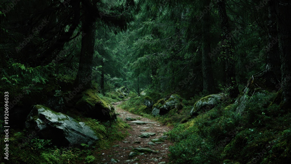 Fototapeta premium Dark Forest Trail Through the Woods