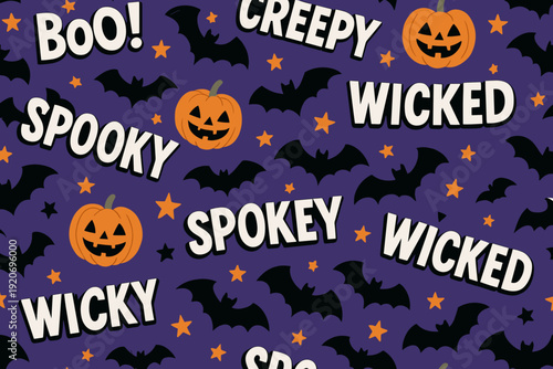 Halloween party decoration with pumpkins and bats on a dark purple background showing spooky words in large letters