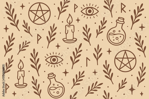 Patterns of symbols and shapes on a light background include candles, eyes, pentagrams, and plants, showing a mystical design in a simple layout