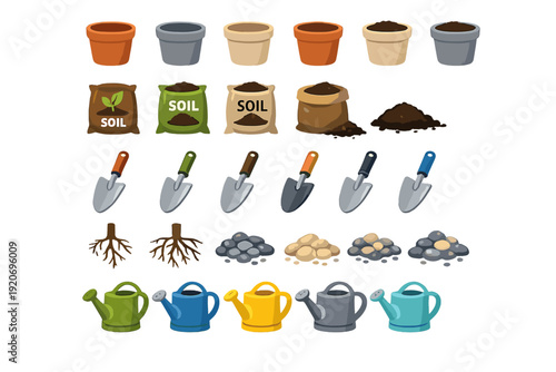 Gardening tools and supplies set with pots, soil, shovels, and watering cans for planting activities