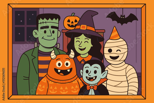 Group of friends in Halloween costumes gather together for a fun celebration in a colorful room with decorations
