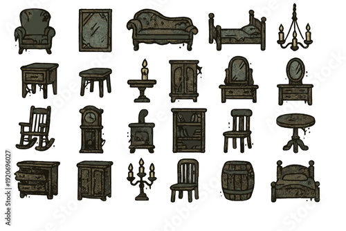 Collection of furniture and fixtures for a vintage home design project in a simple artistic style