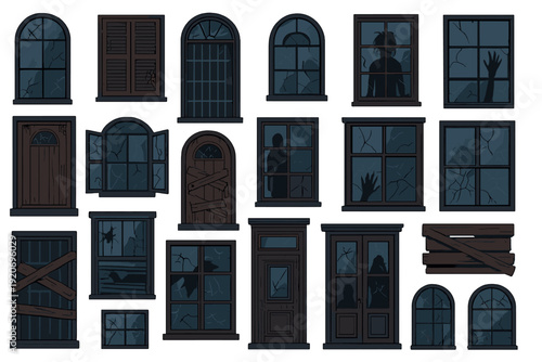 Collection of broken windows with dark shapes behind them at night showing eerie silhouettes in different styles